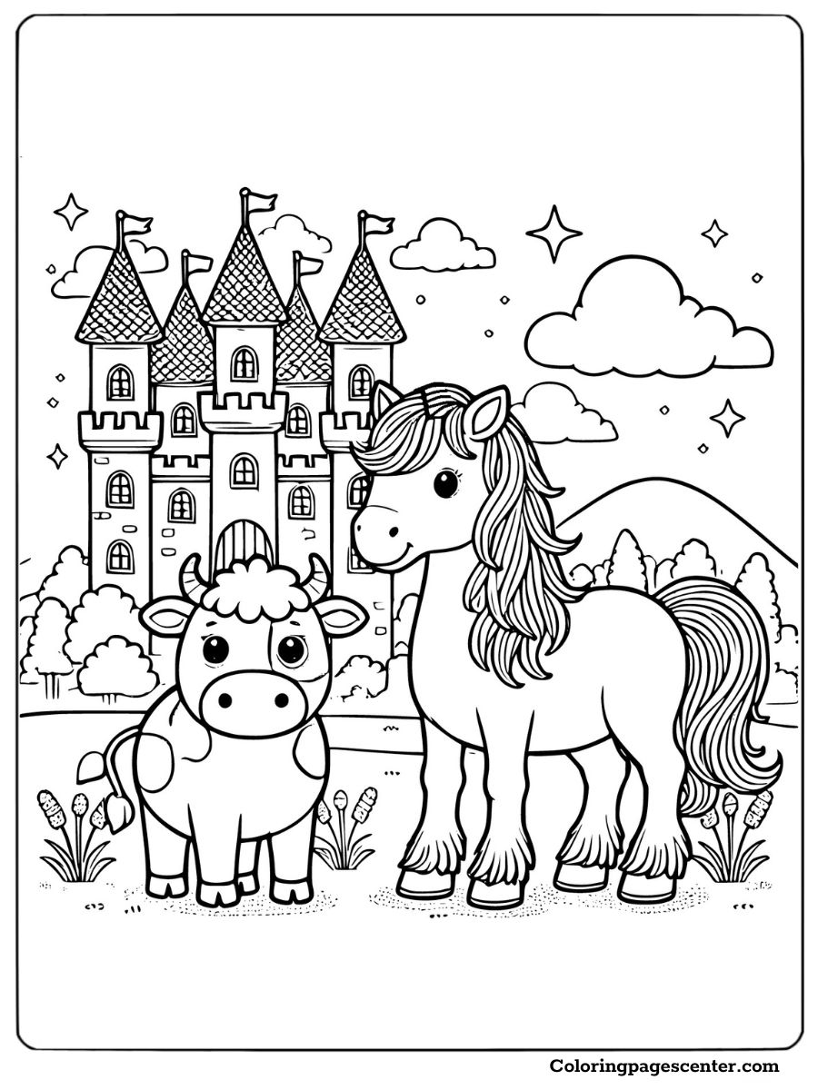 Coloring page of a horse and cow by a castle