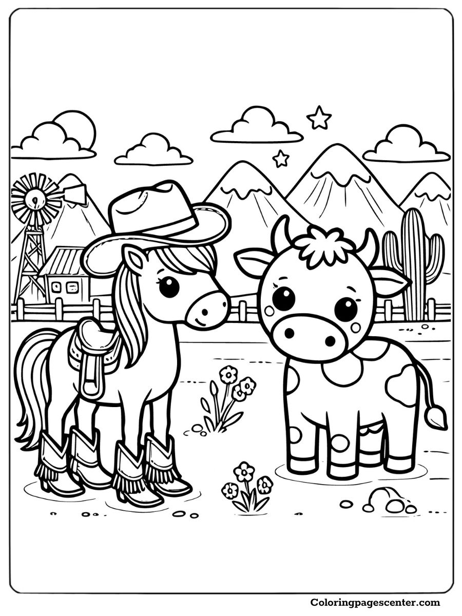 Coloring page of a cowboy with horse and cow in the desert