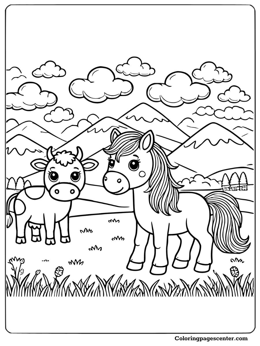 Coloring page of a horse and cow under the sun