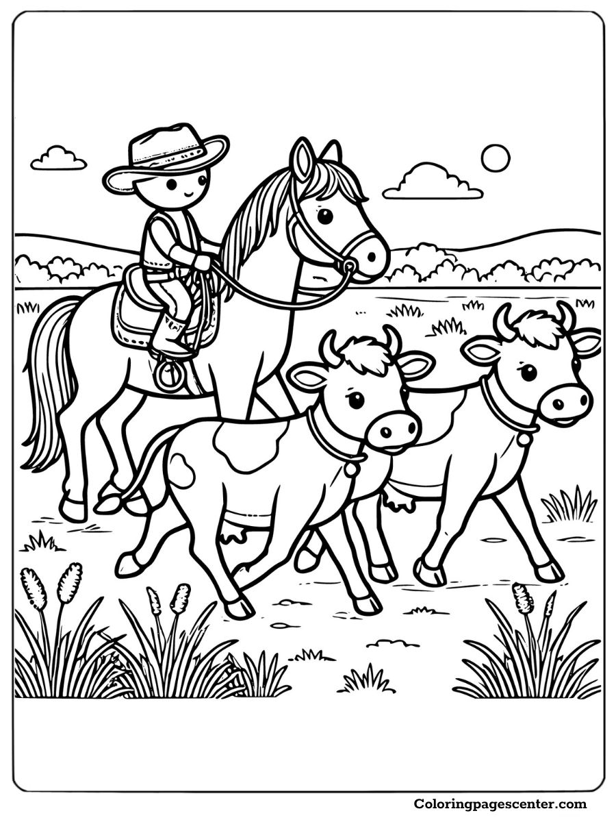 Coloring page featuring a cowboy with a horse and cows