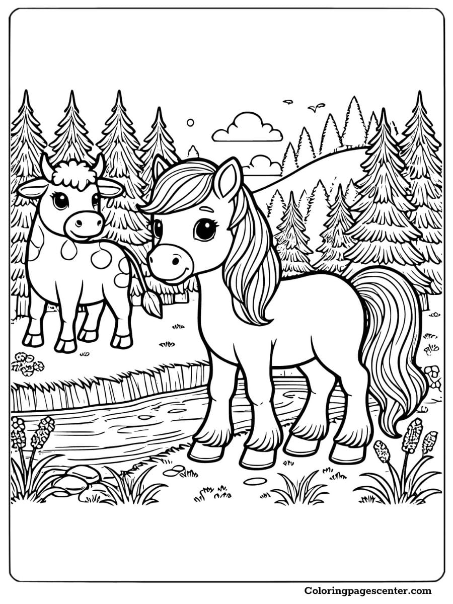 Coloring page with a horse and cow in a scenic landscape