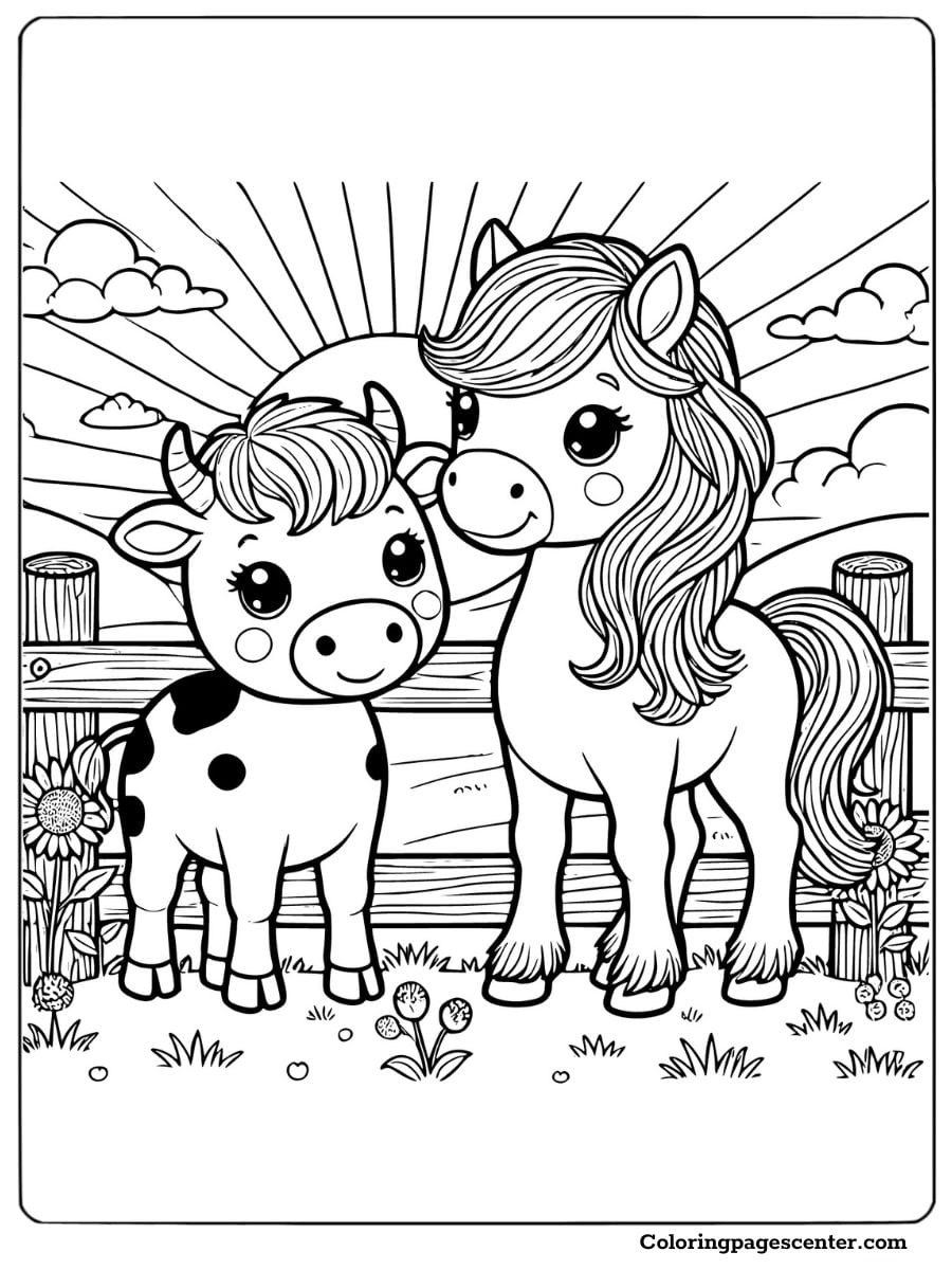 Coloring page of a horse and cow at sunrise