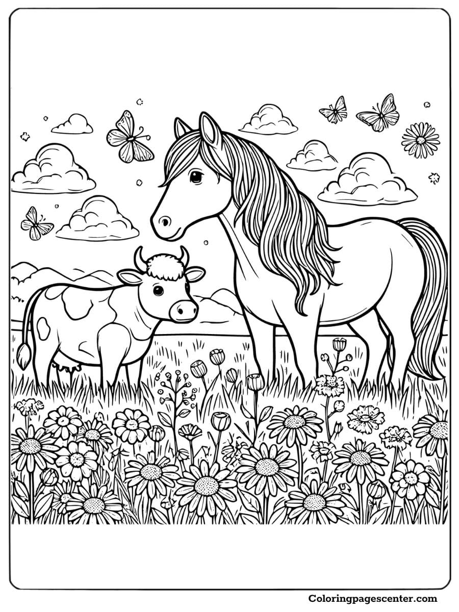 Coloring page of a horse and cow surrounded by flowers