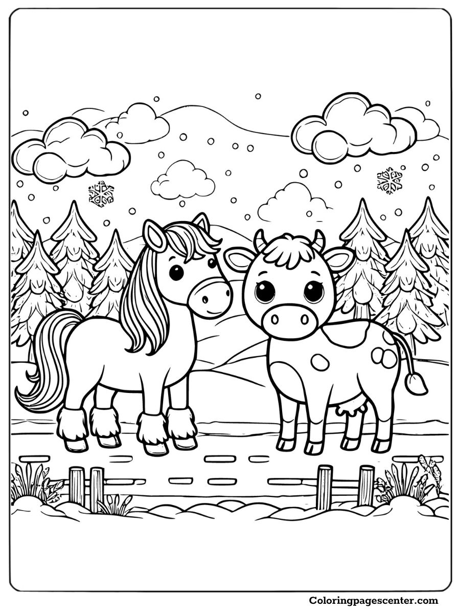 Coloring page showing a horse and cow in winter