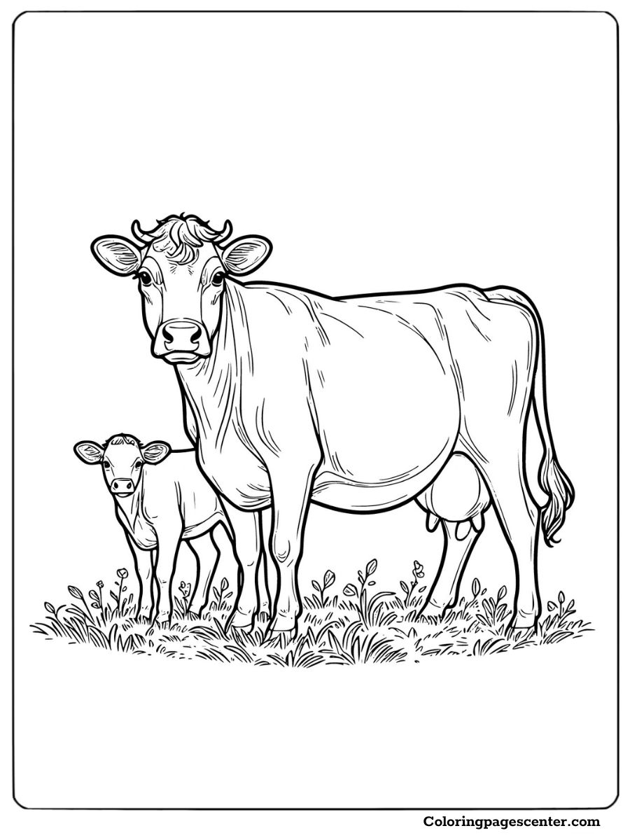 Jersey cow with calf in grassy field coloring page