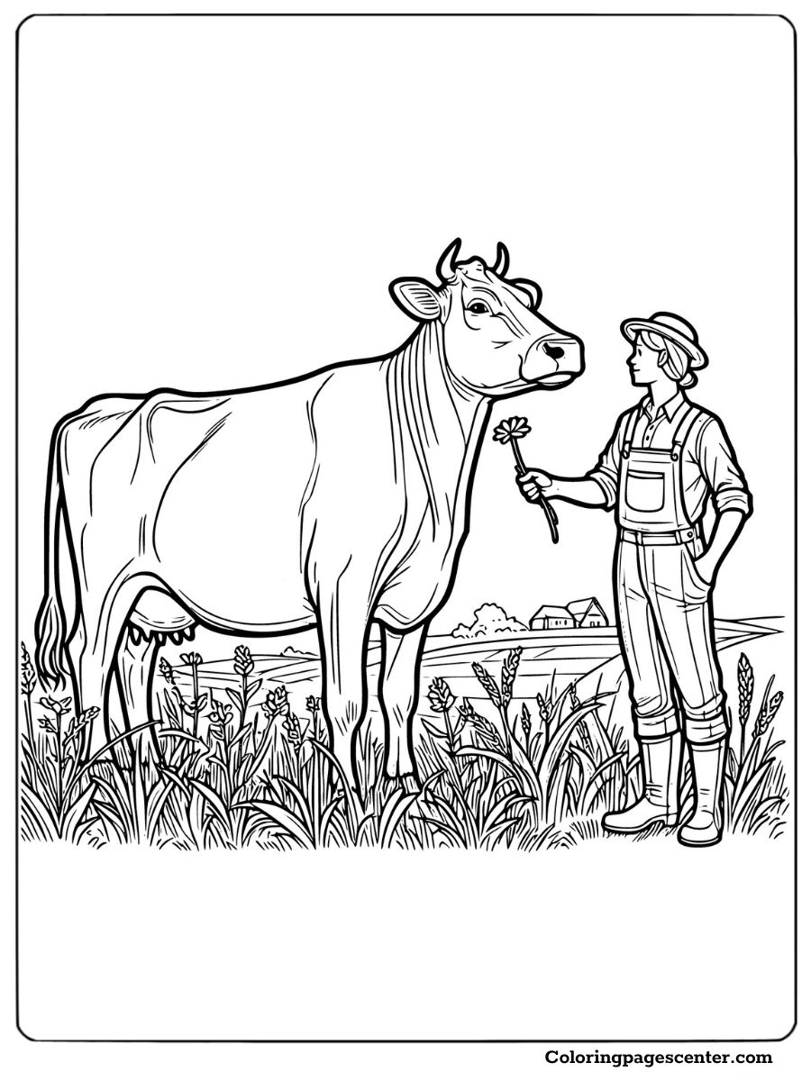 Farmer holding a flower near Jersey cow coloring page