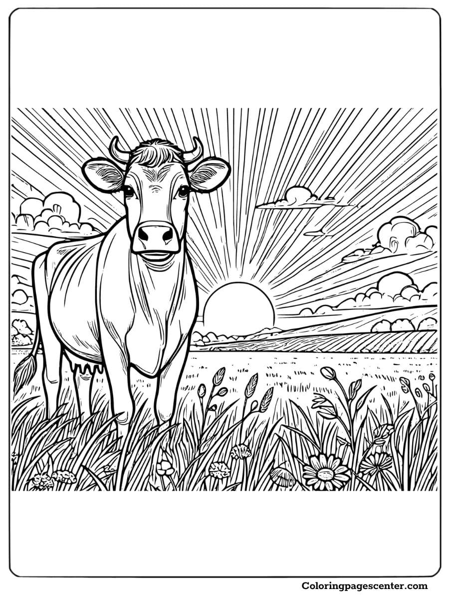 Jersey cow standing in field with sunrise background coloring page