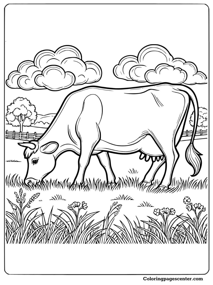 Jersey cow grazing peacefully in field coloring sheet