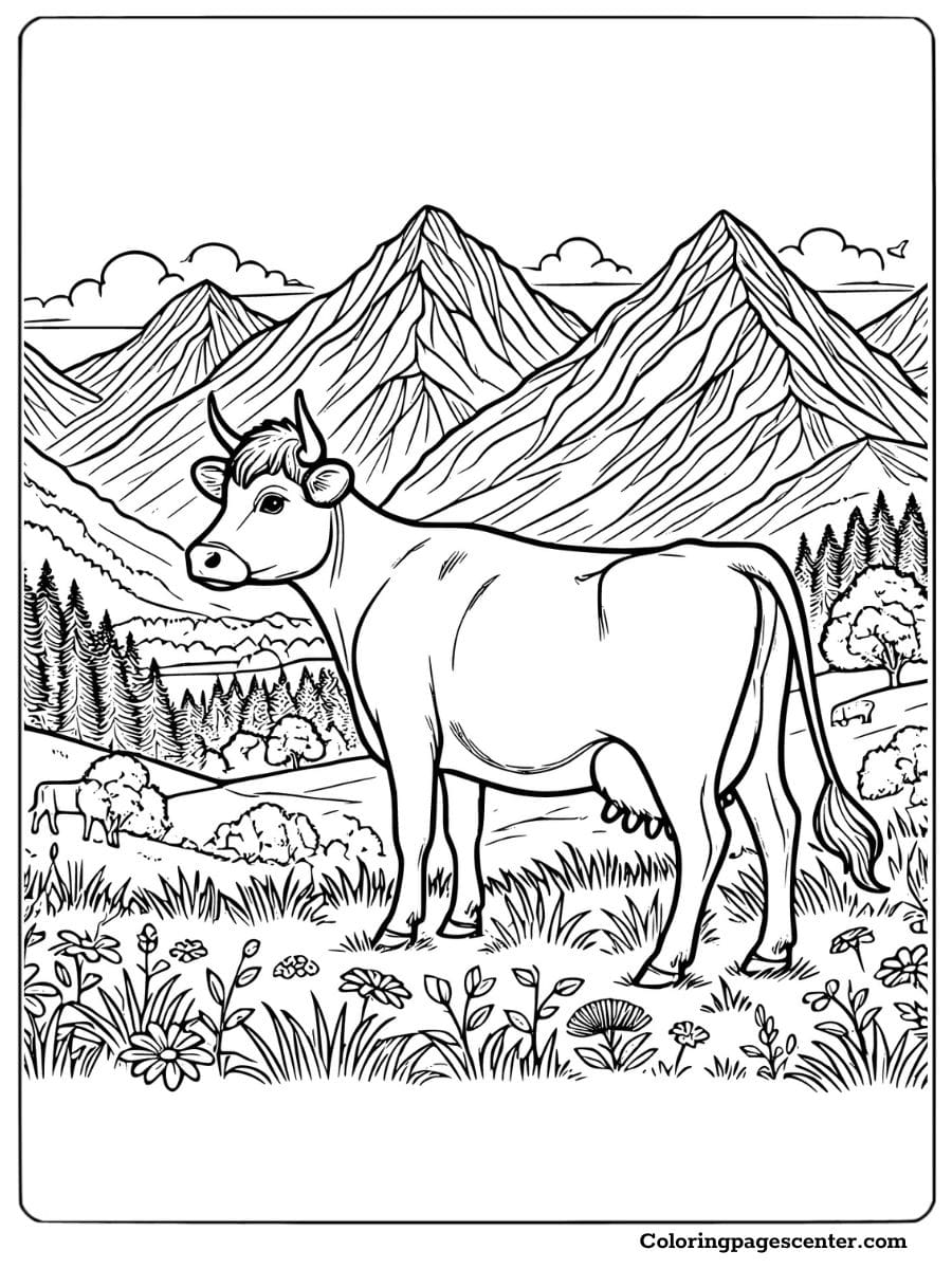 Jersey cow standing in scenic mountain landscape coloring sheet