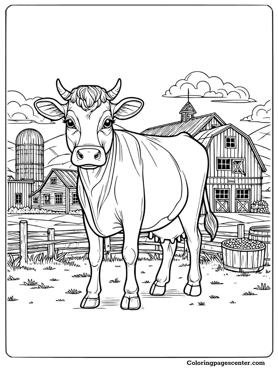 Jersey cow in front of farm with barn and fence coloring sheet