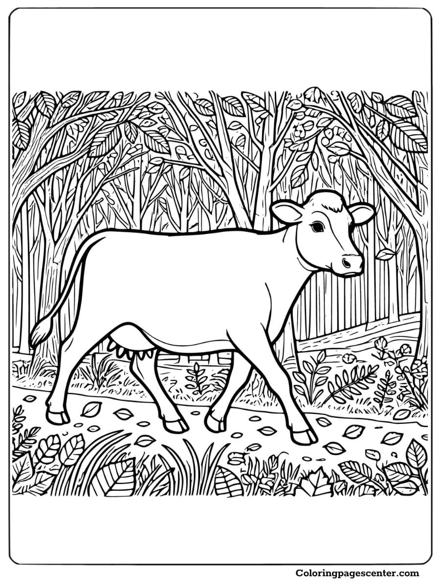 Jersey cow walking on path through dense forest coloring sheet