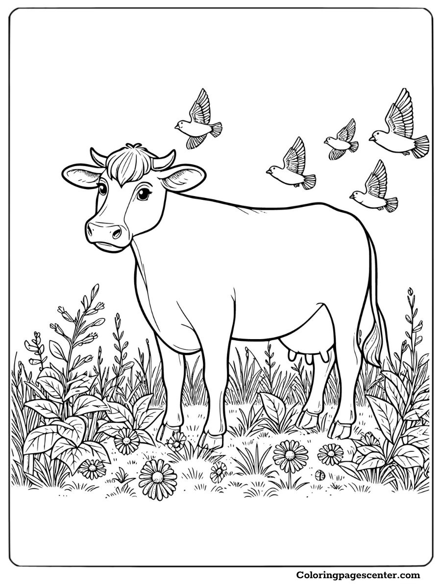 Jersey cow standing in meadow surrounded by flying birds coloring page