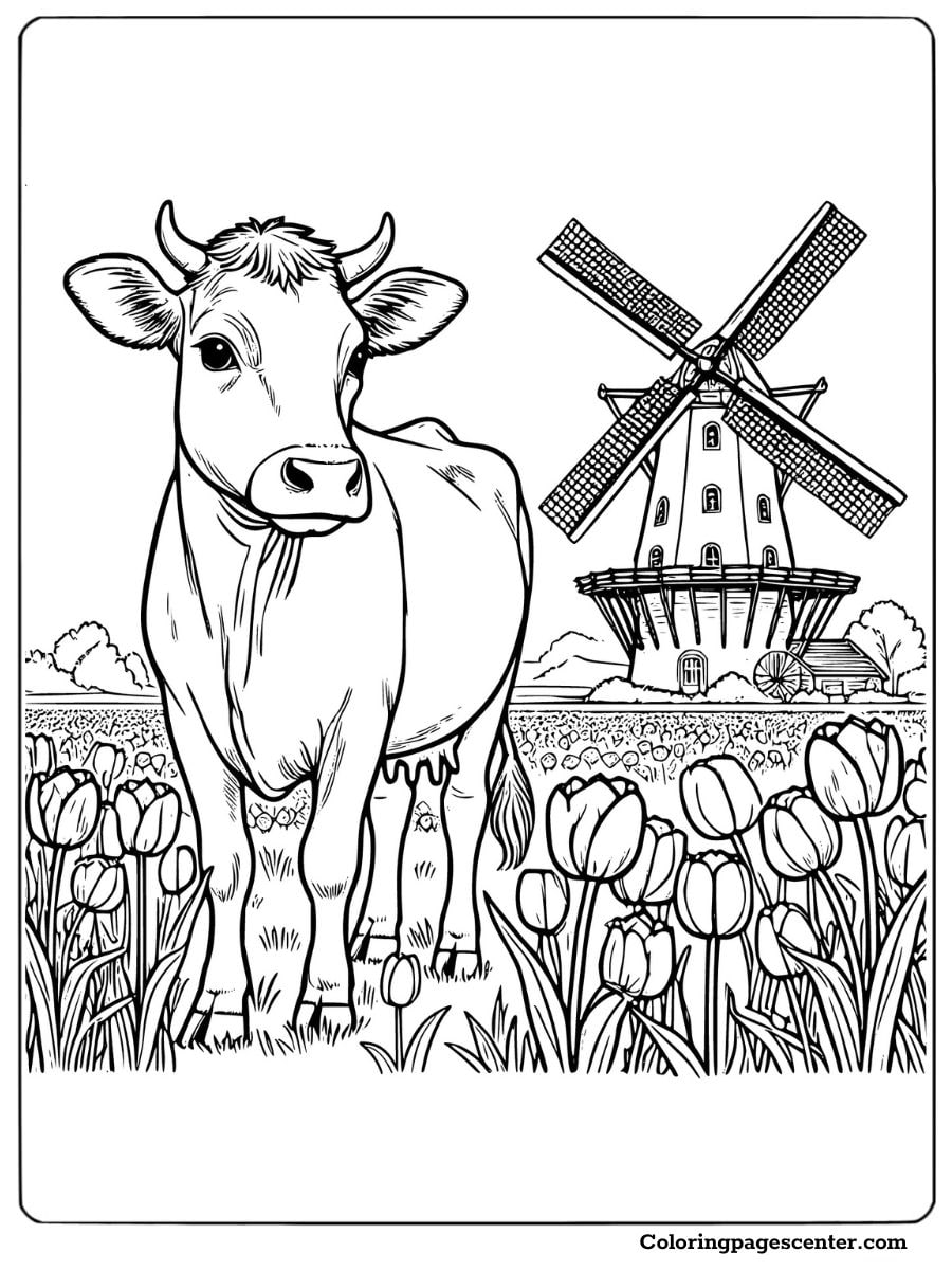 Jersey cow in field of tulips with windmill background coloring page