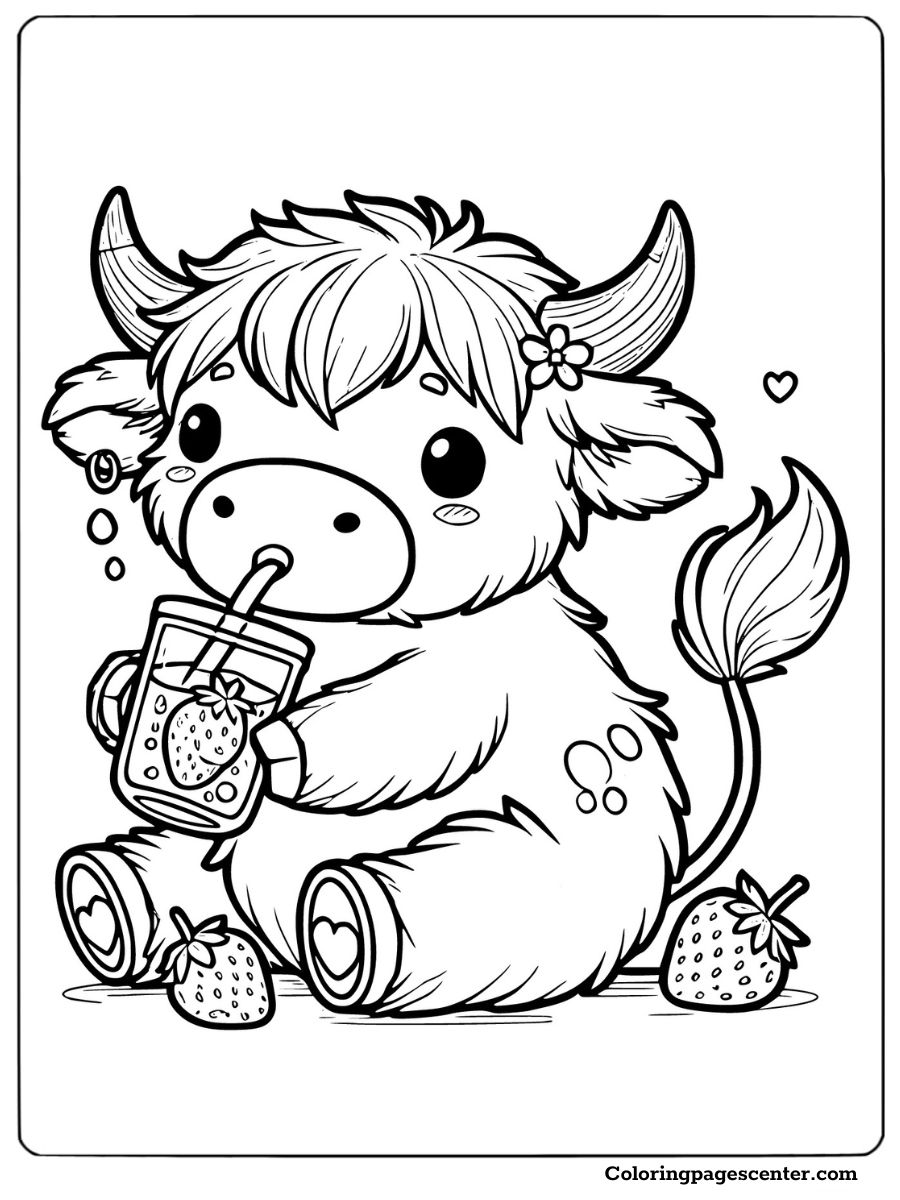 Fluffy strawberry cow enjoying fruit juice coloring page