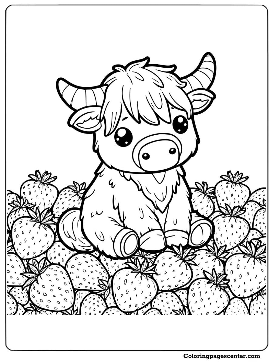 Baby strawberry cow among fresh strawberries coloring page