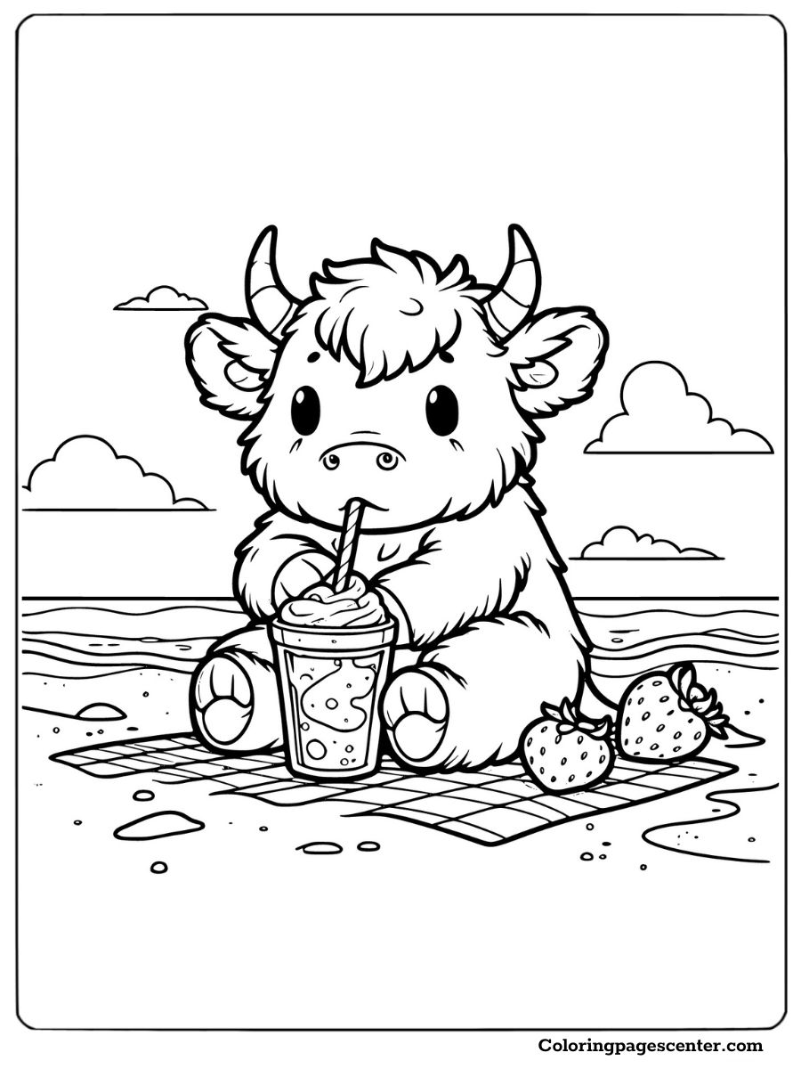 Relaxing strawberry cow having a smoothie at the beach coloring page