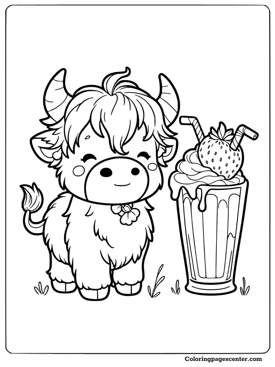 Kawaii strawberry cow and milkshake printable coloring page