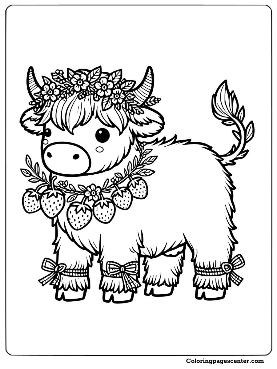 Stylish strawberry cow with floral and berry decorations coloring page