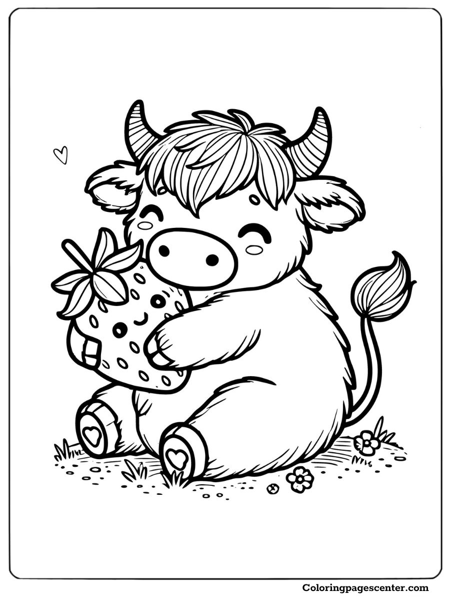 Playful strawberry cow cuddling a huge berry coloring page