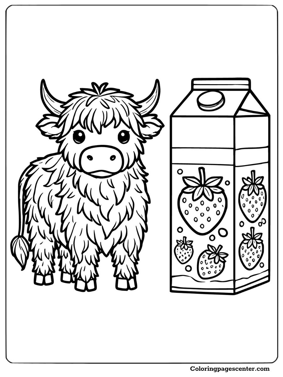 Highland strawberry cow next to a strawberry milk carton coloring page