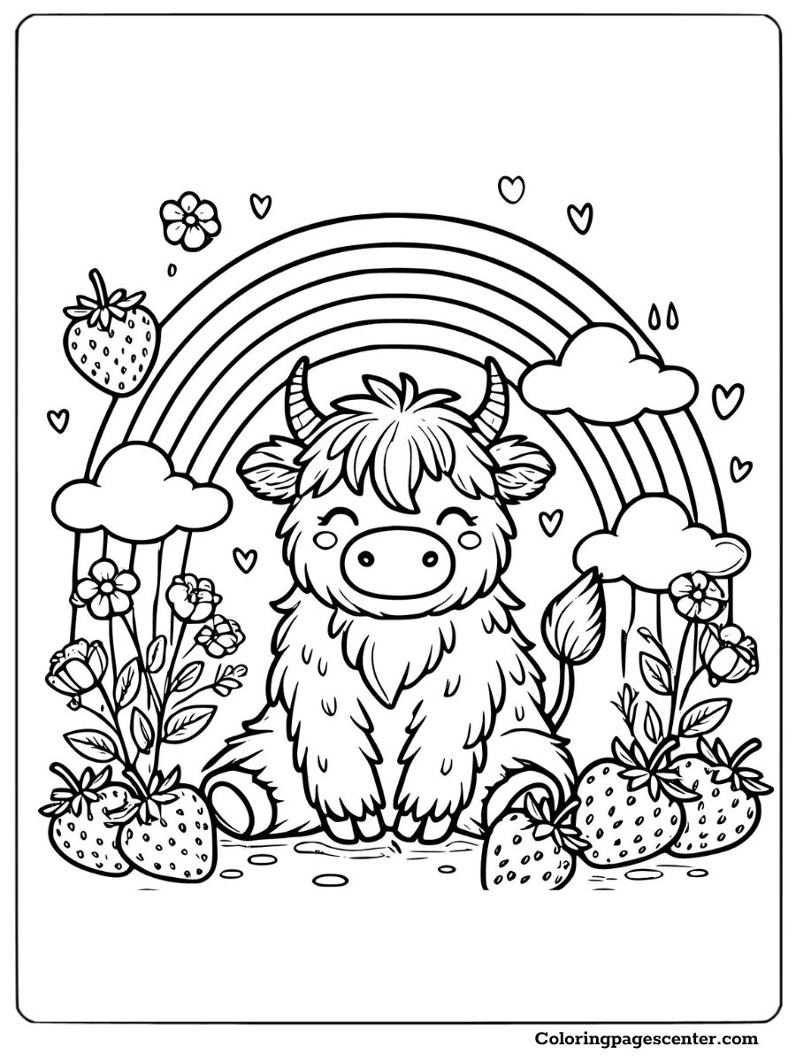 Cute strawberry cow sitting under a rainbow coloring page