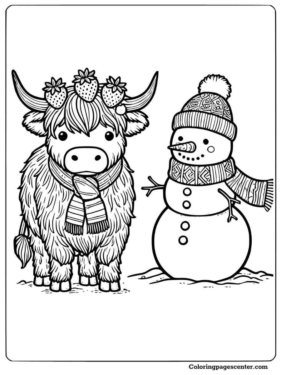 Cozy winter strawberry cow and snowman coloring sheet