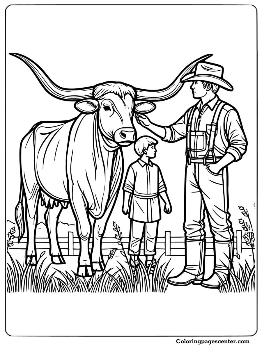 Texas Longhorn with a farmer and child coloring page