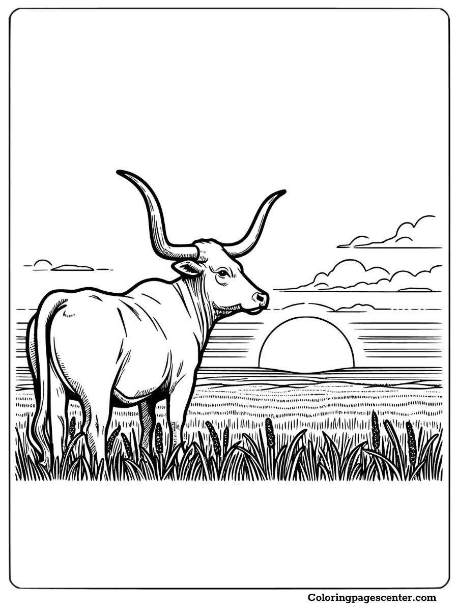 Texas Longhorn standing in front of a sunset coloring page