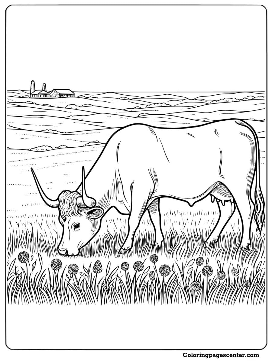 Texas Longhorn grazing in a field coloring page