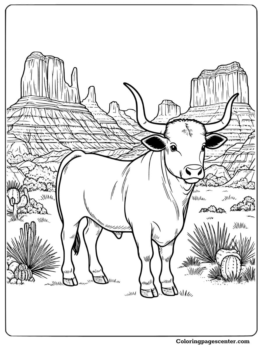 Texas Longhorn in a desert with rock formations coloring page