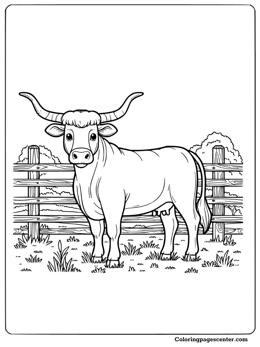 Texas Longhorn standing next to a wooden fence coloring page