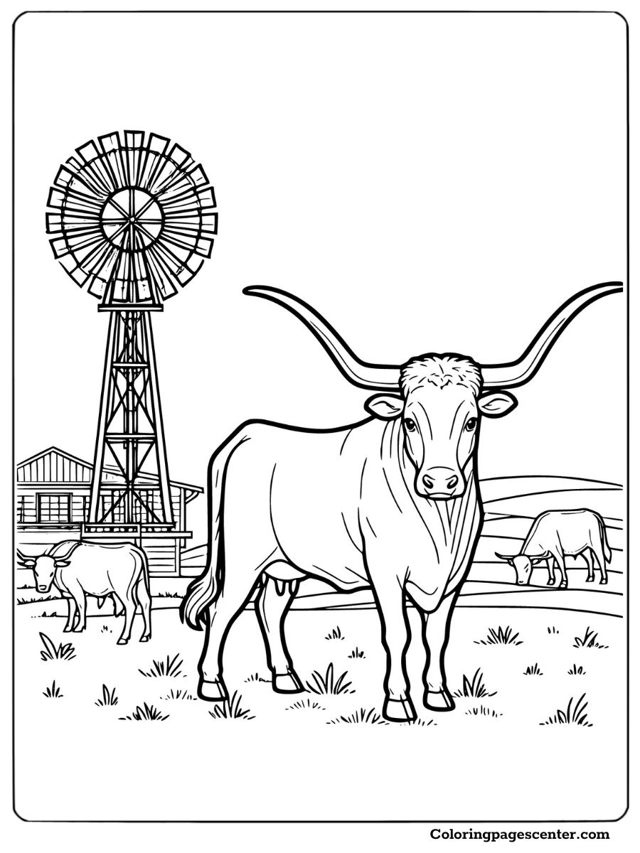 Texas Longhorn near a windmill on a farm coloring page