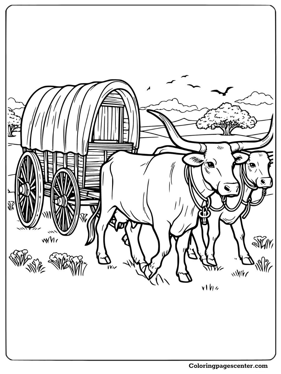 Texas Longhorn pulling a covered wagon coloring page