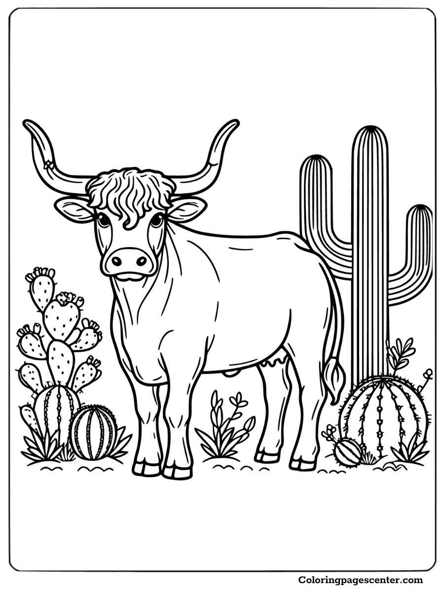 Texas Longhorn standing next to cacti coloring page