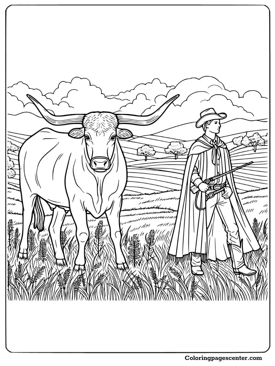 Texas Longhorn and cowboy in the countryside coloring page