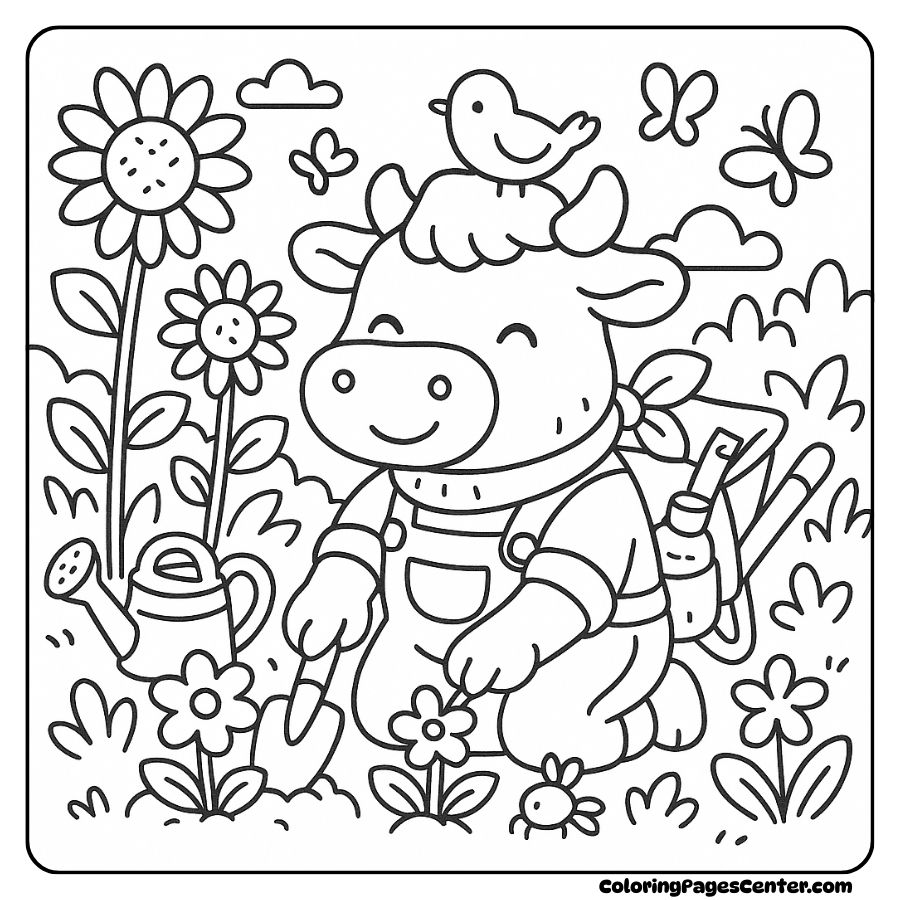 Coloring page of a cow gardening with a little bird coloring page of a cow gardening on a sunny day