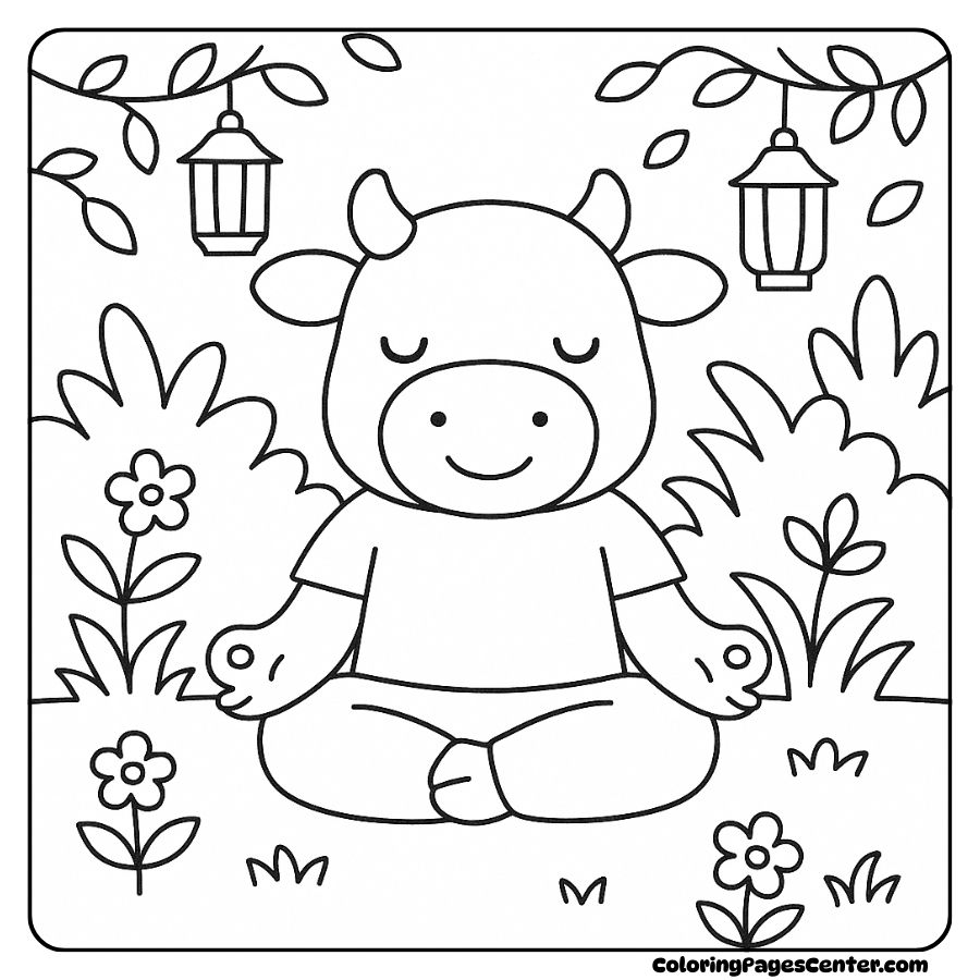 Coloring picture of a meditating cow in a quiet garden coloring page of a cow meditating in the garden