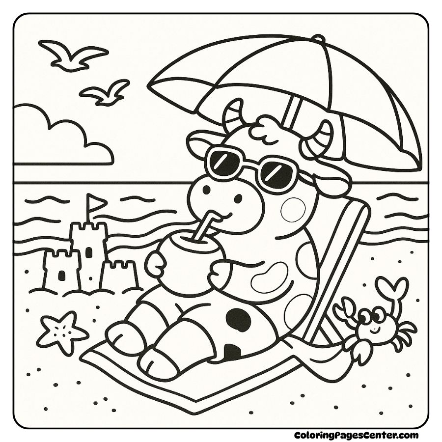 Coloring page of a relaxing cow by the beach coloring page of a cow resting by the cool blue sea