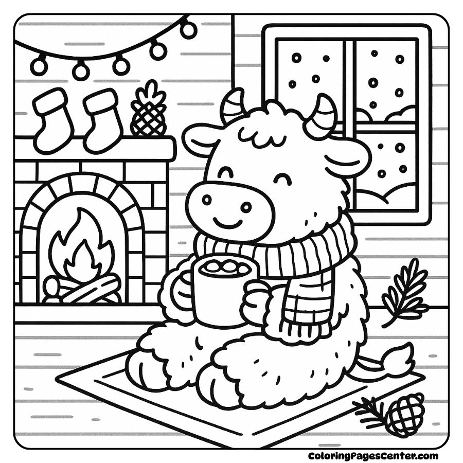 Coloring page of a warm cow by the fireplace on a winter day coloring page of a cow relaxing in a warm house