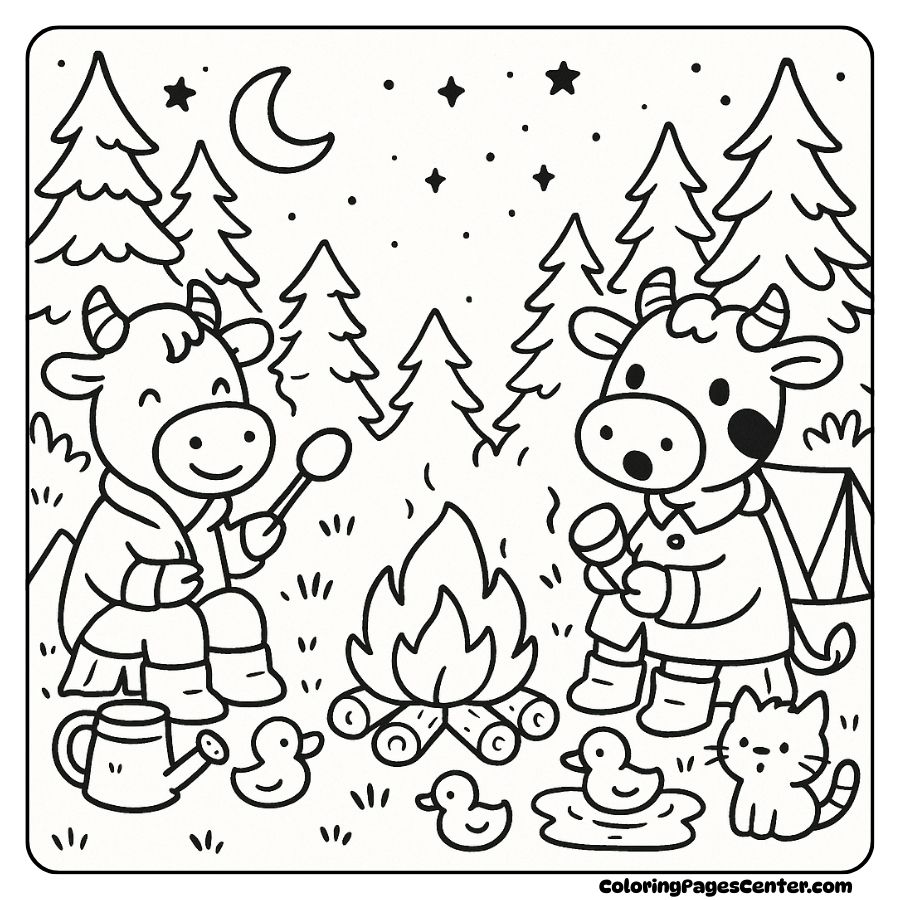 Coloring page of a picnic cow in a beautiful flower field coloring page of a cow camping by a campfire at night
