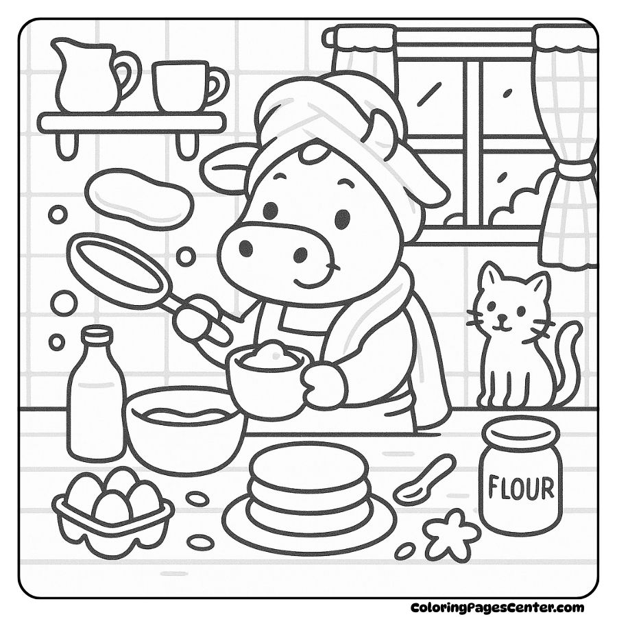 Coloring page of a cow cooking and preparing breakfast coloring page of a cow cooking breakfast in the kitchen