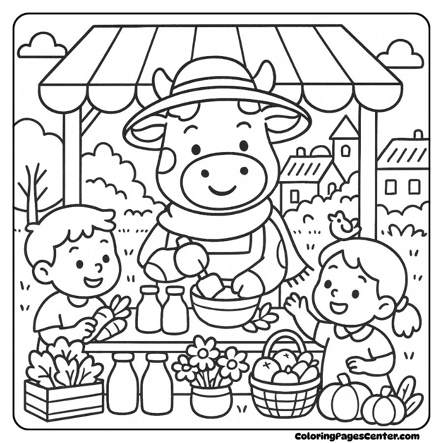 Coloring page of a cow selling goods at the country market coloring page of a cow selling goods at the village market