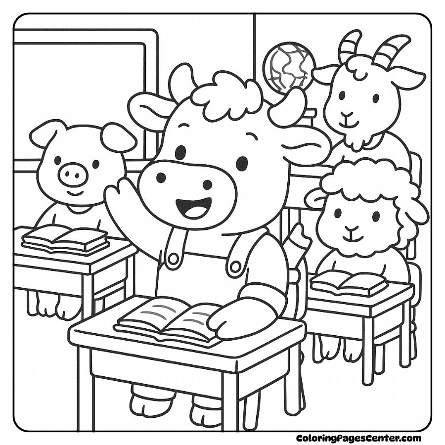 Coloring page of a fun classroom with a baby cow coloring page of an animal class with a cute baby cow