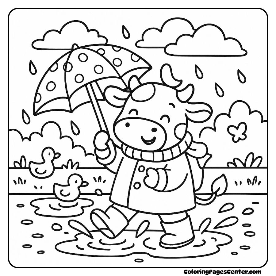 coloring page of a cow jumping happily in the rain