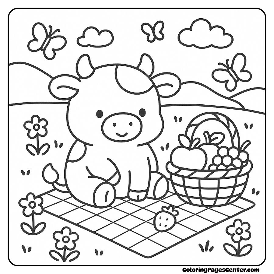 happy picnic cow coloring page in nature