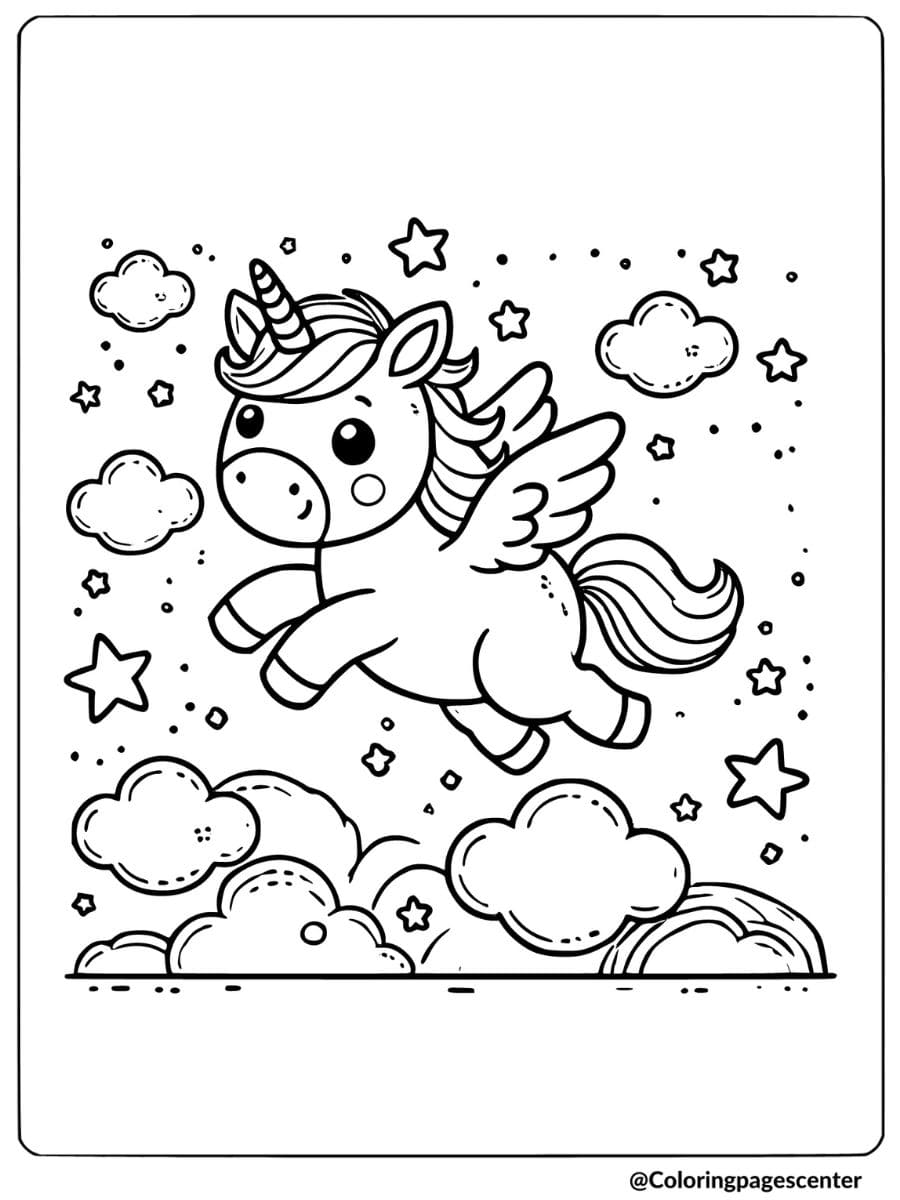 Baby unicorn flying among stars magical coloring page