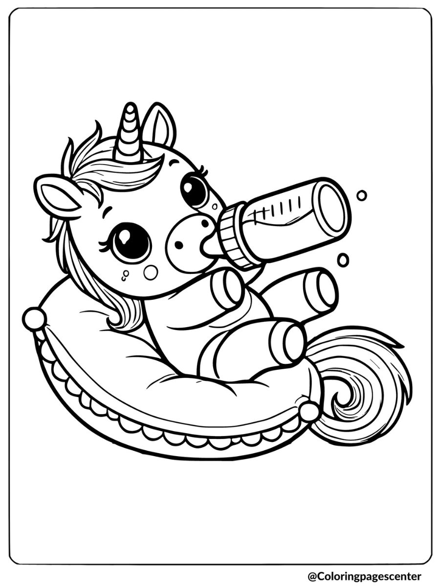 Baby unicorn lying and drinking milk coloring page