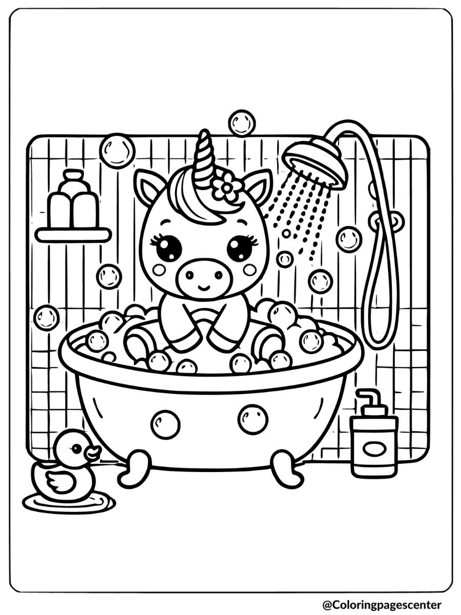 Baby unicorn taking a shower in the tub coloring page