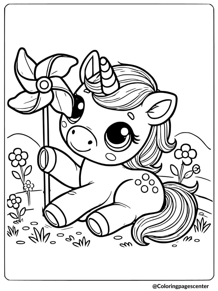 Baby unicorn with pinwheel in a garden coloring page