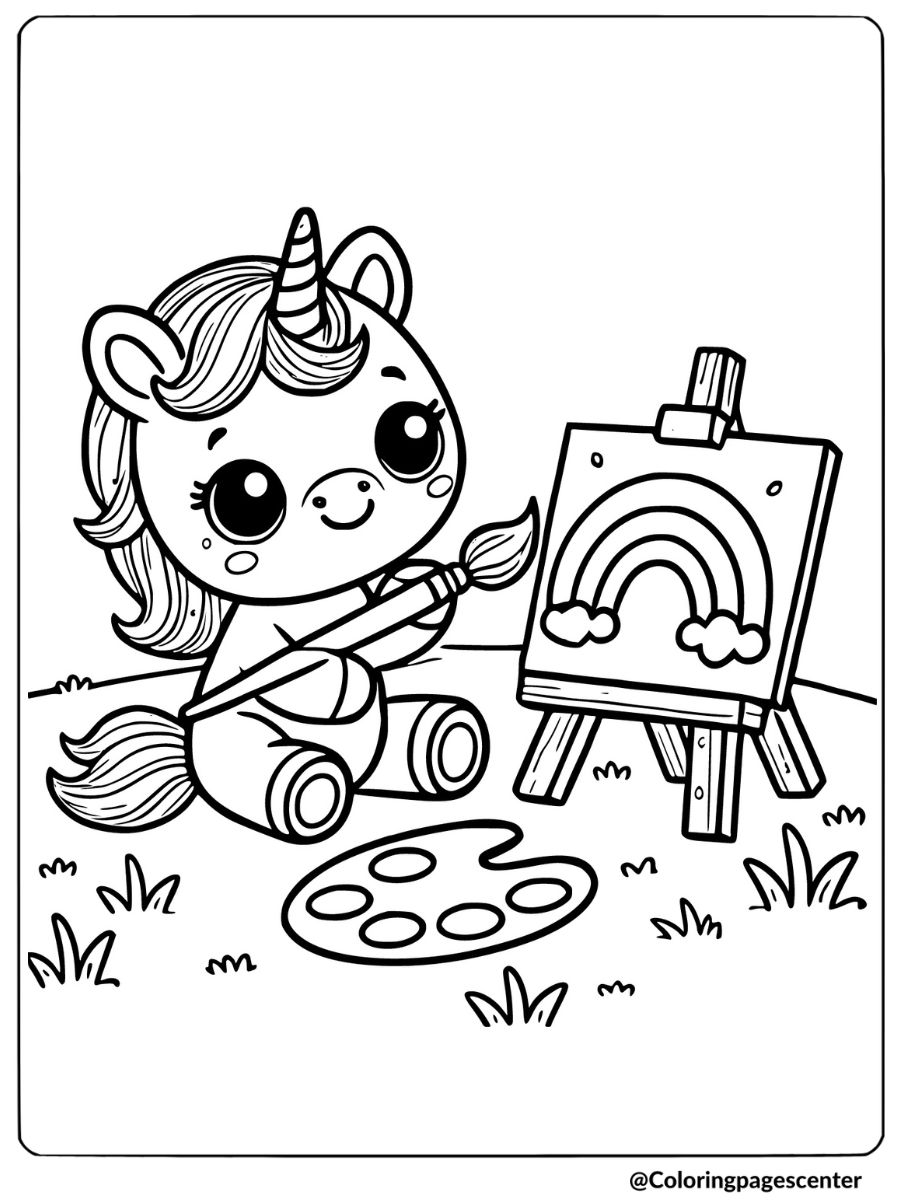 Creative baby unicorn painting a rainbow coloring page